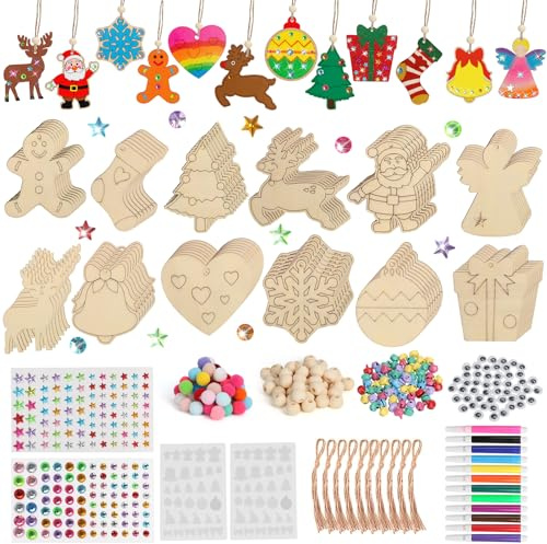 LHOEST Adornos Arbol Navidad Madera Manualidades Navidad Niños Adultos 84PCS DIY Decoracion Arbol de Navidad Adornos Navideños Decoración Colgantes Manualidades Navideñas Kit con Cuerdas Accesorios