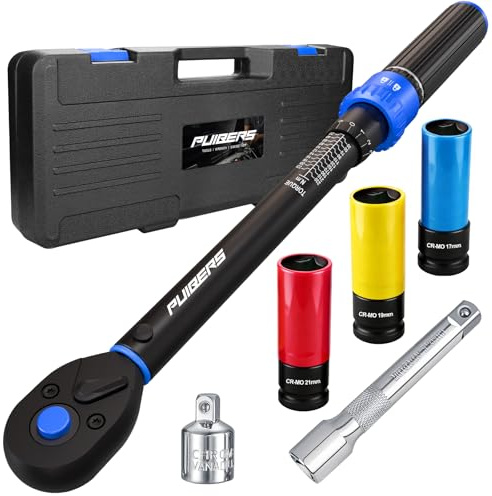 PUIBERS 1/2 Torque Wrench Set, 20-230 Nm, 3 CR-MO Sockets | ±3% accuracy, 72-tooth ratchet, 17/19/21 mm sleeved sockets, 125 mm extension bar, adapter and storage case.