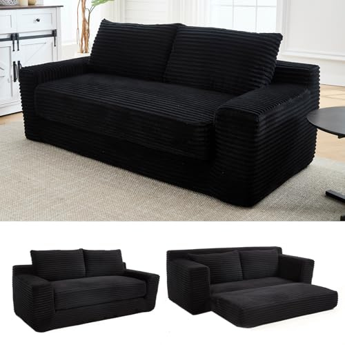 Yihomfy Canapé 2 Places en Velours côtelé, 180cm Canapé Convertible 2 en 1, Design Pliable Canape Lit, sans Montage, Mousse Mémoire de Forme, pour Salon, Bureau, Appartement, Noir-B