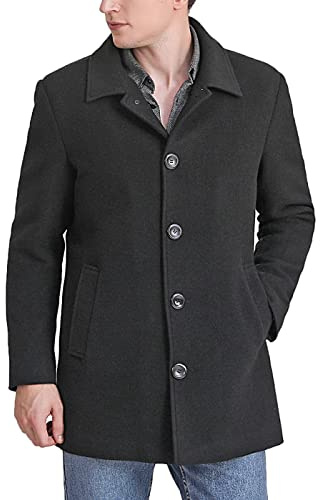 BGSD Men Cole Wool Blend Single Breasted Walking Pea Coat (Also available in Big and Tall), Black, Large