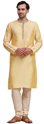 SKAVIJ Uomo Tunica Seta d'Arte Kurta Pigiama Set Beige_S
