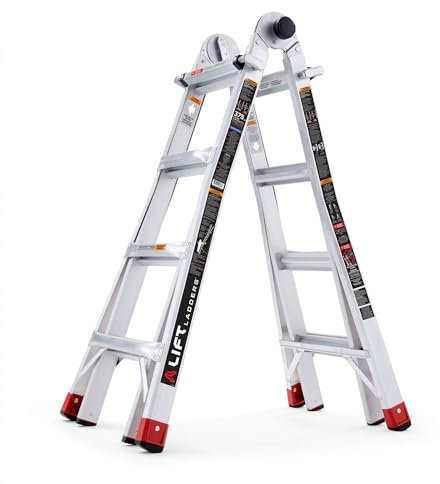 Lift Ladders Aluminum Step Ladder, 5-in-1 Multi-Position Frame, 18 Ft Reach, Silver - Extendable Indoor and Outdoor Equipment for Home, Kitchen, Office, and Garage - Portable and Lightweight