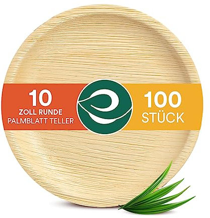 ECO SOUL 100% kompostierbare 25 cm, runde Palmblatt Teller [100 Stück] I Premium Palmblatt Geschir I Robuste, Bio Einweg Teller wie Bambus I Runde Einweg