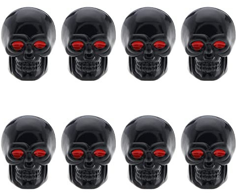 The Lord of the Tools Lot de 8 capuchons de valve de pneu en forme de tête de mort pour la plupart des voitures, camions, motos, vélos - Diamètre du filetage : 7 mm - Noir