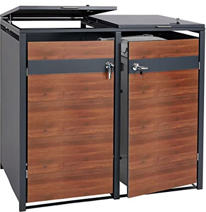 2er Mülltonnenverkleidung HWC-J82, Mülltonnenbox, erweiterbar, Metall 50kg, anthrazit - Kirsche-Holzoptik Dunkelbraun