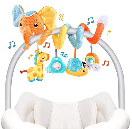 Koty Autositz-Spielzeug, Baby-Spirale, Plüsch, zum Aufhängen, für Kinderwagen, Bar, Kinderwagen, Kinderbett, mit Spieluhr, BB-Quietscher und Rasseln（Orangefarbener Elefant）