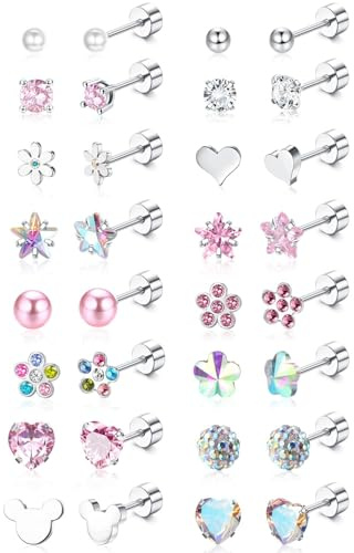 Diamday 16 par skruv tillbaka örhängen knopp för kvinnor flickor kirurgiskt stål 20 g små broskknoppörhängen CZ hjärta blomma stjärna boll skruv platt rygg knoppörhängen set flerfärgade