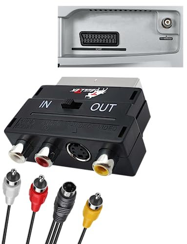 BullTek - Convertitore SCART a RCA e S-Video | In/Out Switch | Collegamento Console, DVD, VHS, Fotocamere | Audio Stereo e Mono | Video Composito e S-VHS, Nero