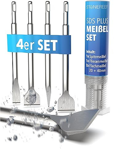STONE REEF SDS Plus Lot de 4 burins avec burin à carrelage - Ciseau SDS, burin, burin plat, burin, set de burins SDS, kit de burins pour marteau perforateur, burin à spatule, burin pointu, burin SDS,