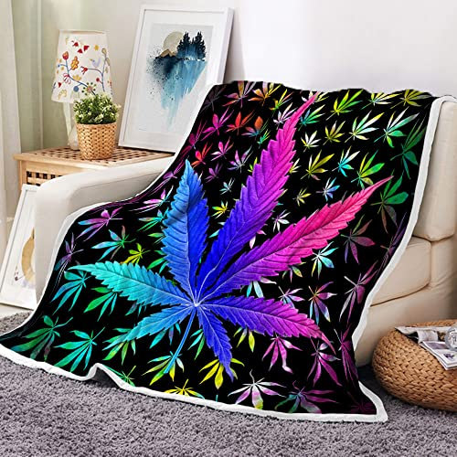 Cool Trippy Weed Throw Blanket, Neon Tie Dye Marijuana Leaf Cannabis Art Fleece Blanket, Colourful Soft Flannel Throw Blanket for Chair Bed Sofa Couch, 60X80IN