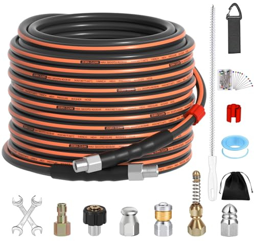 50FT Sewer Jetter Kit for Pressure Washer, 1/4 NPT Corner Drain Cleaner Hose 5800 PSI with Sewer Jetting Nozzles, Pearl Corsage Pin, Waterproof Tape, Extension Cord Organizer&2 Spanner