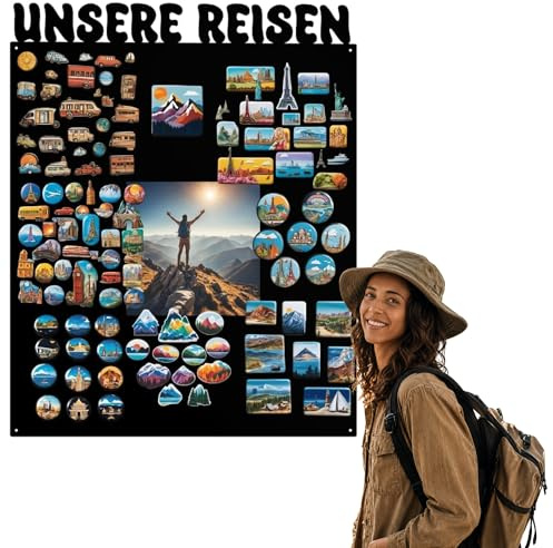 Anwicar magnettavla våra resor – vertikal 100 x 80 cm magnetisk anslagstavla av stål – perfekt för resemagneter och minnen – skrivbar magnetisk tavla med kritmarkeringar – inkl. monteringssats – svart