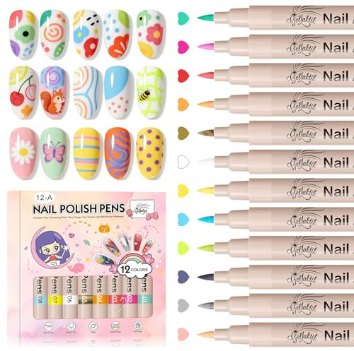 GELLAKTIK 12 Colors Nail Art Pens Set, 3D Nail Polish Pens, Quick-Drying Acrylic Paint Markers, 0.7mm Dotting Painting Liner Brush for DIY Nail Design, Home & Salon Manicure Tools