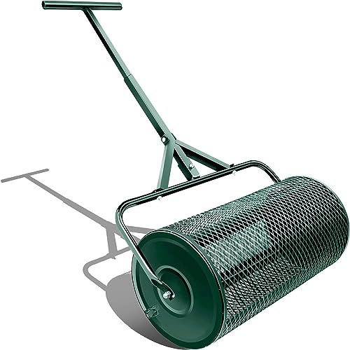 QLSABIA Esparcidor de abono de 24 Pulgadas para césped y jardín, Mango Ajustable, Cesta de Malla metálica Duradera, esparcir turba, Fertilizantes y Semillas, Verde
