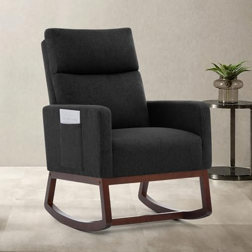 Aunekiv Sedia a Dondolo Alta Schienale in Lino per Adulti con Tasche Laterali e Base in Legno, Poltrona a Dondolo Moderna per Salotto o Camera da Letto, Sedia da Nursing per Cameretta