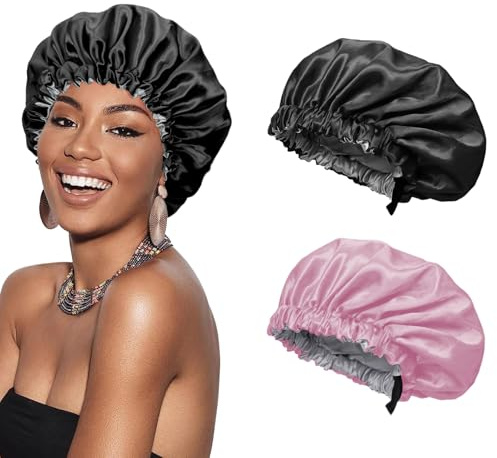 Euqvunn 2Pièces Bonnet Satin Cheveux Nuit, Réglable avec Large Bande Élastique Bonnet en Satin, Double Face À Deux Couleurs, Adapté pour Protection Cheveux Longs/Raides/Bouclés (Noir Rose)