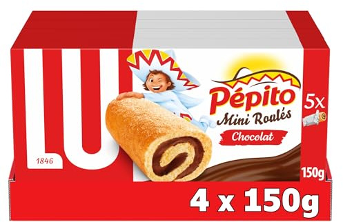 LU - Pépito Mini Roulés Chocolat - Gâteau Moelleux Fourré au Chocolat - Idéal Goûter, Petit Déjeuner, Snack - 4 Boîtes de 150 g (1 Boîte = 5 Gâteaux)