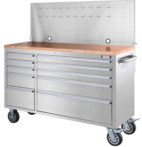 Excel 57-Inch Stainless Steel Rolling Tool Chest & Workbench – 10 Drawer Cabinet with Pegboard, Heavy-Duty Storage Organizer