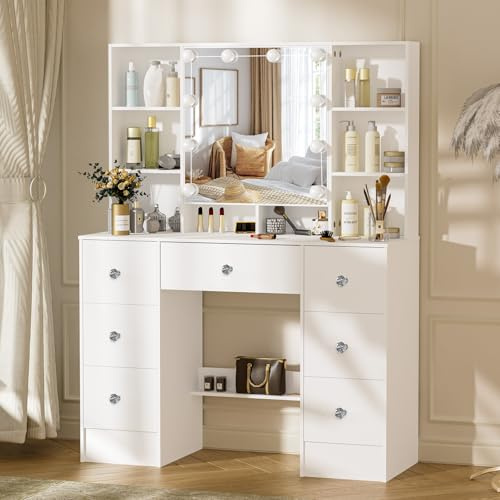 Ereousa Sminkbord med spegel, stort toalettbord med dimbar belysning och videoinstruktion, sminkbord med 7 lådor och 6 hyllor, vitt, 40 × 100 × 140 cm, H190512