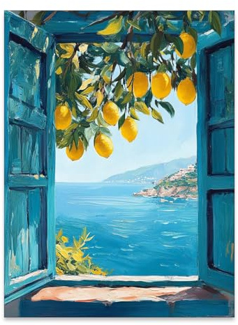 Mediterranean Window View Wall Art Coastal Lemon Tree Canvas Prints Blue Seascape Posters Modern Nature Landscape Pictures for Bedroom Living Room Office Decor 12x16 In Unframed