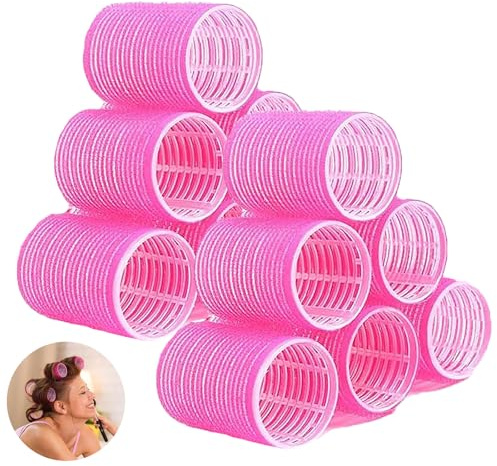 12 PCS Curlers Rollers, Hair Rollers with Clips, Velcro Rollers for Hair, Rollers for Hair Volume, for Long Medium Short Hair, Salon Home DIY Hairs Dressing(4.4cm Rose Red)