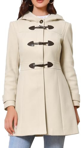 Allegra K Manteau D'Hiver Femme Caban Mi-Long à Capuche Trench-Coat Mi-Cuisse Duffle-Coat avec Poches Beige XL