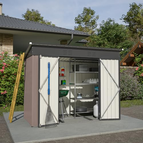 Caseta de jardín de metal, 8 x 4 pies, incluye base de metal (sin suelo), armario de jardín de metal con techo y puerta, resistente a la intemperie, para exteriores, jardín, terraza (marrón)