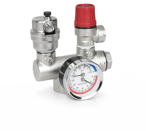 ENVIRON - Kesselsicherheitsgruppe mit Premium Thermo-Manometer, Sicherheitsventil und Entlüftungsventil | Kombinierte Druck und Temperaturmessung | DN25, 1 Zoll