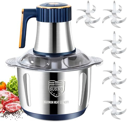 Elektrisk hackare 5 l – Elektrisk mixer/hackare med skål i rostfritt stål, 5 hastigheter och 6 stålblad med 5 uppsättningar blad för kött, grönsaker och frukt