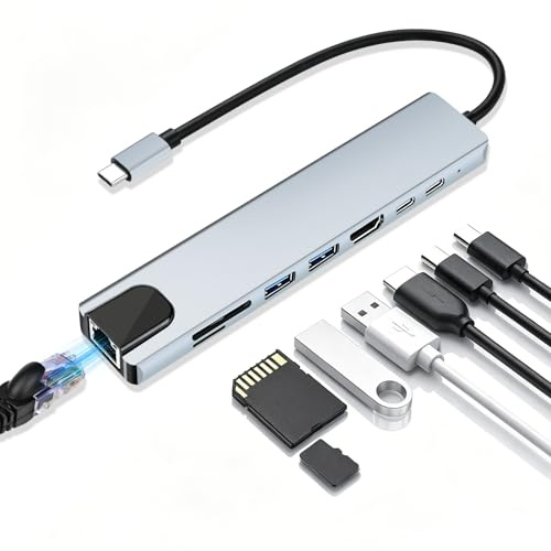 Docking station 8 in 1 USB C Hub con HDMI 4K a 30Hz, 100W PD, RJ45 Ethernet, lettore di schede SD/TF, USB 3.0/2.0, hub USB C HDMI Ethernet, adattatore USB C LAN per MacBook, iPad, laptop