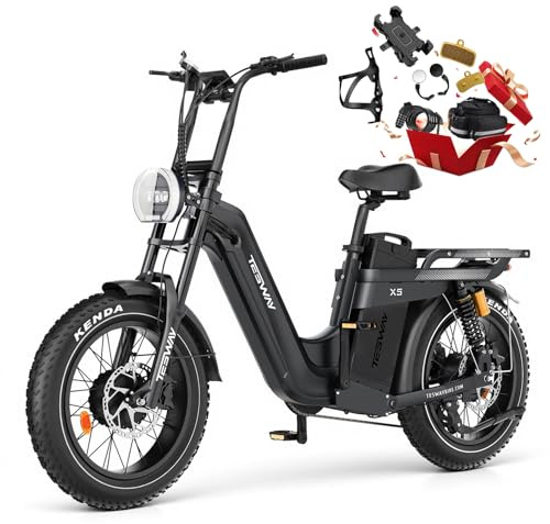 TESWAY X5AWD Electric Bike for Adults,52V 60AH Long Range Ebike,Dual Motor 20 Full Suspension Fat Tire E-bike, Dual Hydraulic Brake, 7-Speed Colorful LCD Display Electric Bike (Black, Step-Through)