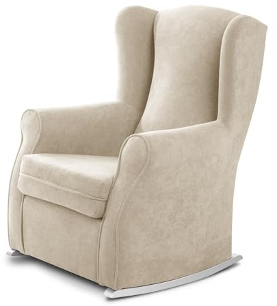 SUEÑOS ZZZ - Balancín Irene, sillón orejero de lactancia tapizado en tela anti manchas color Beige con balancín lacado en color blanco. Mecedora para dormitorio, salón o habitación de bebé