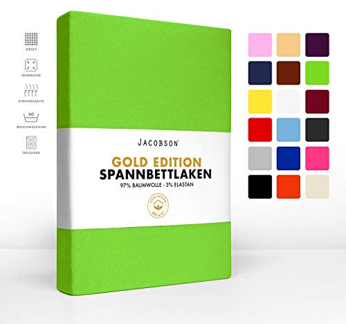 Jacobson Gold Edition Jersey Spannbettlaken Spannbetttuch Baumwolle mit ELASTAN ca. 200 g/m² (60x120 cm - 70x140 cm, Apfelgrün)