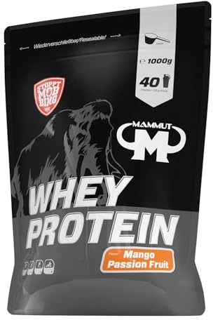 Mammut Nutrition Whey Protein Pulver Mango Passion Fruit – 1kg – 27g Protein pro Portion – Eiweißpulver mit hohem BCAA-Anteil – Perfekte Löslichkeit in Wasser & Milch – Ideale Zwischenmahlzeit