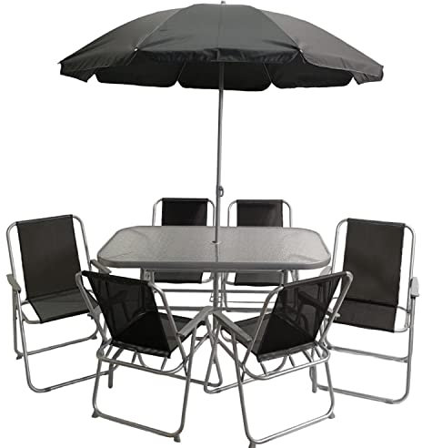 Samuel ALEXANDER 6 Person Garden Furniture Sets With Parasol Patio Dining Table And Chairs Set, Includes 6 Chairs, Table and Parasol