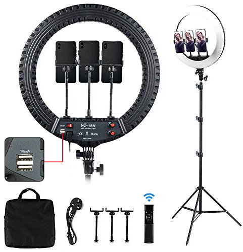 The 18 inch LED Ring Light With Adjustable Tripod Stand & wireless Remote, 3 Light Modes & 10 Brightness, USB Powered, 3 Phone Holder for Live Streaming, Makeup, Camera, Selfie ,YouTube
