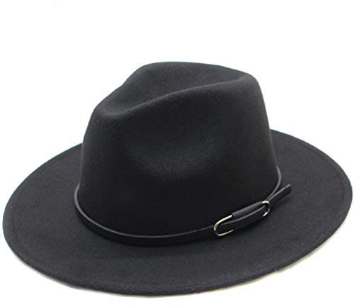 Klassischer Unisex Fedora-Hut aus Wollmischung - Breite Krempe, Filz, Panama, Trilby für Kirche, Derby - Mit Gürtelschnalle (Schwarz)