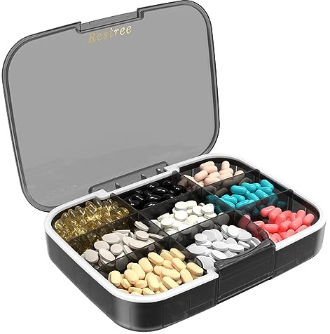 Restree Pill Organizer, Large & Waterproof Travel Pill Case, Adjustable Dividers for Daily Vitamins, Supplements, Fish Oil - Portable Medicine Box for Home & On-The-Go, 9 Compartment (Black)