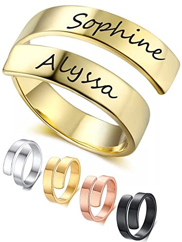 Personalisierter Damen offener Ring mit 2 Namen Buchstabe Gravur Silber-Gold- Rosegold Edelstahl Freundschaftsringe Einstellbar Spiral Kreuz Twist Ringe Schmuck Ring Geschenk für BFF Mutter Tochter