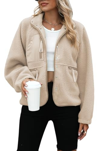 Yanekop Womens Fleece Jacket Fuzzy Long Sleeve Short Winter Coats Button Down Sherpa Jacket Outerwear with Pockets(A Apricot,S)
