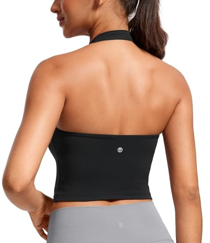 CRZ YOGA Butterluxe Women's Halter Neck Sports Bra Padded Longline Yoga Bras Workout Sport Crop Top with Built in Shelf Bra Black 12