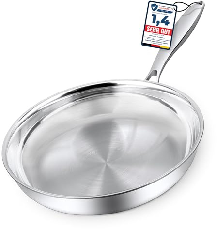Morleos Edelstahlpfanne 26cm Unbeschichtet | 5-Schicht - 3mm -1,12 kg | Bratpfanne aus Edelstahl für Induktion | Spülmaschinenfest & Backofenfest bis 400°C | hochwertige Gastroqualität