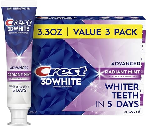 Crest 3D White Advanced Teeth Whitening Toothpaste, Crest 3D White Brilliance Toothpaste, Radiant Mint, 3.3 oz, Pack of 3