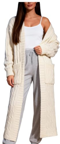 Women's Winter-Warm Fashion-Casual New-Sexy Sweater-Cardigan - Oversized Loose Long Sleeve Solid Color V- Neck Lightweight Cotton Soft Knitwear Chunky Ribbed Pocket Long Coats Ladies UK White XL