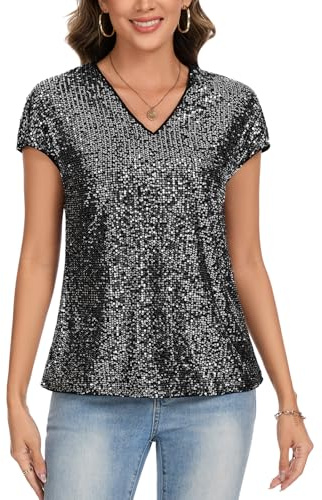 MINTLIMIT Tops for Women Sequin Sparkly Shirts Cap Sleeve V Neck Blouse Glitter Sequined Tunic Top Loose Casual Party