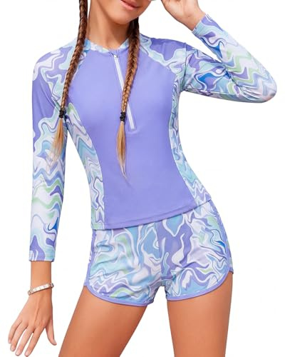 DivingBirds Girls Swimming Costume Padded Bras, Long Sleeve Girl Rash Vest with Shorts Two Pieces Swimwear Swimsuit Purple 10-11 Years
