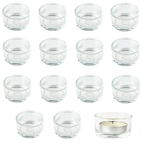 Candle Holders, Clear Tea Light Candle Holders set of 15, Small Tealight Holders Glass (Ø4.5 X H2.5cm) for Table Decoration, Weddings, Parties, Birthdays