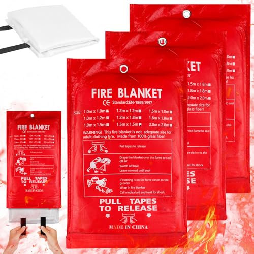 WIYETY Lot de 3 couvertures anti-feu de qualité supérieure : couverture anti-incendie en fibre de verre, 100 x 100 cm couverture anti-feu pour cuisine, kit de survie d'urgence pour cuisine, cheminée,
