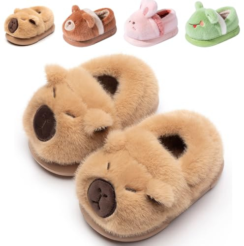 DRECAGE Toddler Kids Slippers for Girls Boys Winter House Shoes Plush Warm Soft with Cute Cartoon Design Indoor Khaki 2.5-3 UK Label Size 240