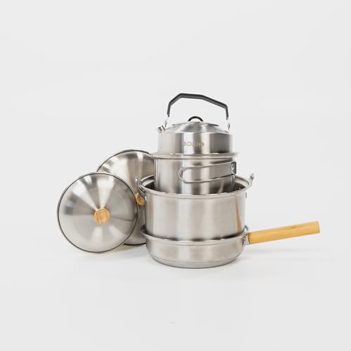BOXIO - Cookware: padella da campeggio e set di pentole in acciaio inox da campeggio con padella, bollitore e pentole, ideale per cucina da campeggio, fornello a gas o fornello da campeggio, cucina